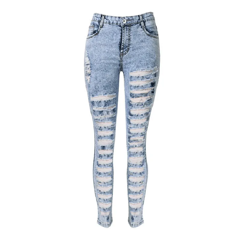 2016 New Summer Autumn Women's High Waist Ripped Jeans Individuality Summer Style Hole Black Hollow Out Tight Pencil Pants