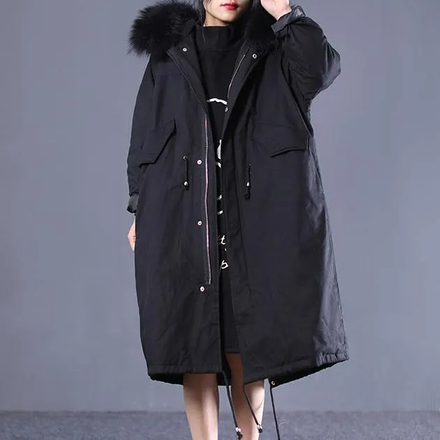 2018 new black Winter Fashion oversize hooded fur collar down jacket fine drawstring pockets Puffers Jackets