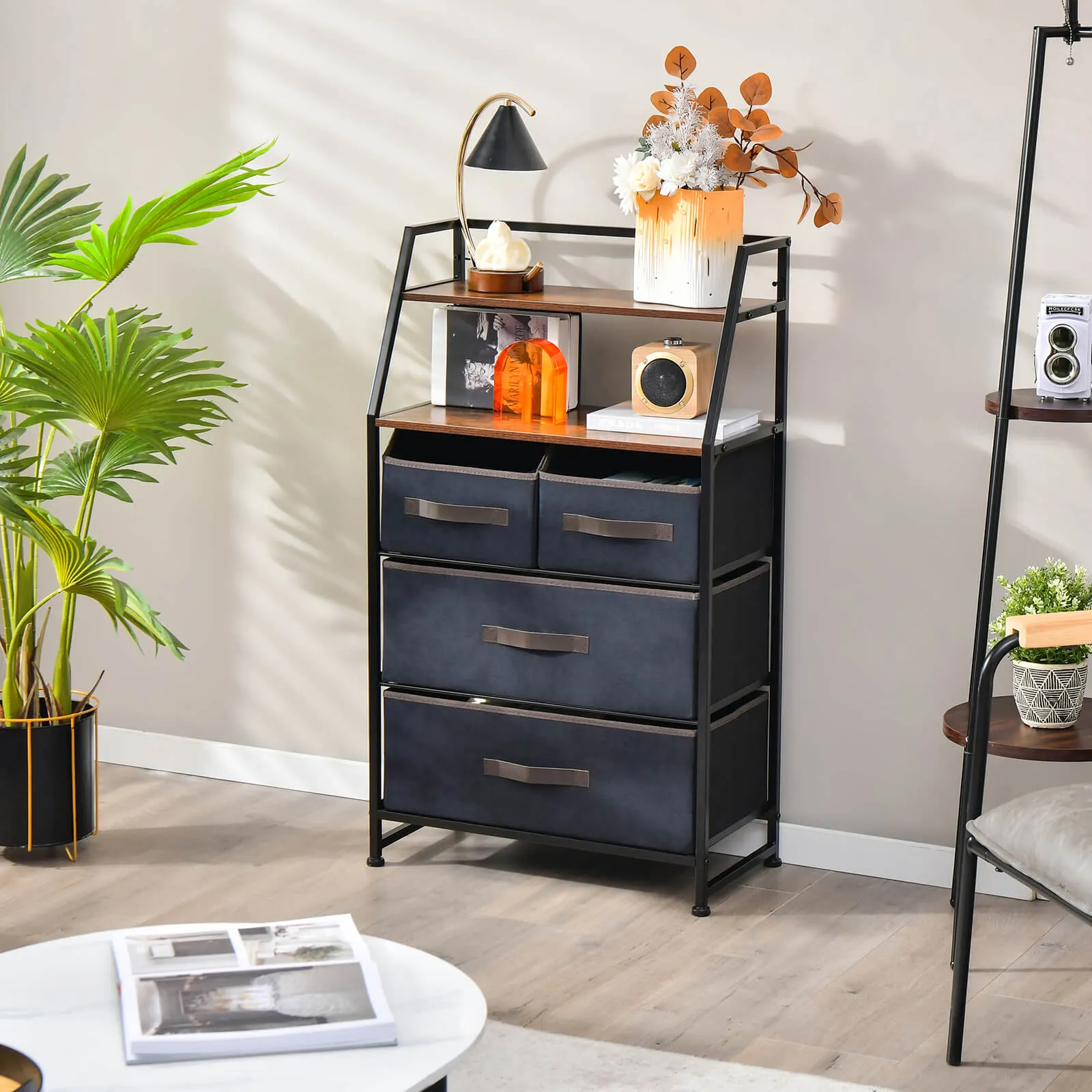 4-Drawer Free Standing Storage Dresser with 2 Open Shelves-Rustic Brown