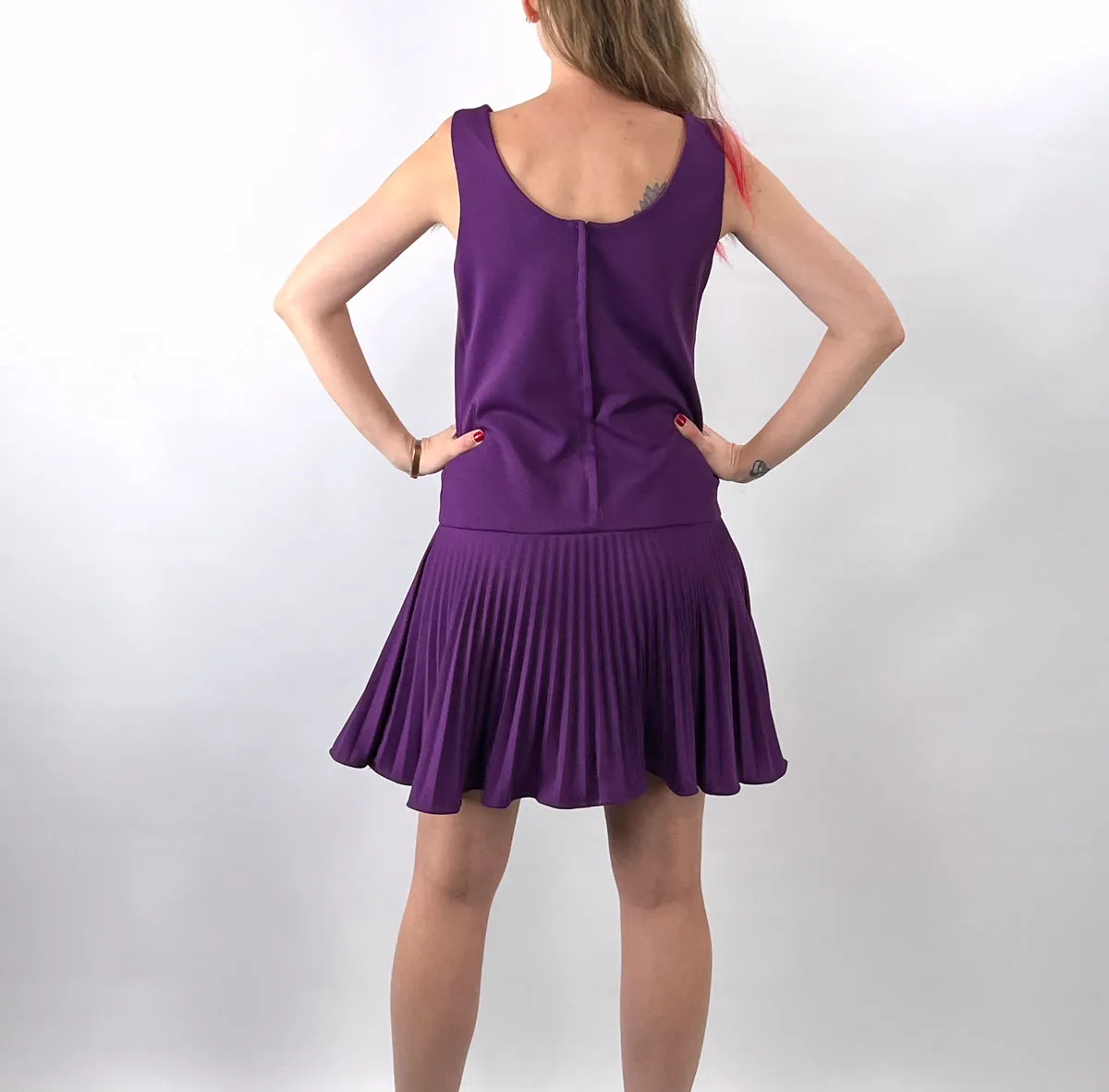 60s Mini Dress Mod Scooter Girl Purple Drop Waist Umbrella Pleated Skirt Women's Small VFG