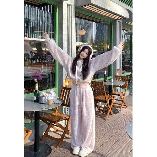 Advbridge -  Korean Sweet Girl Cute Rainbow Loose Hooded Short Coat High Waist Colorful Striped Pants Two-piece Set Fashion Female Clothes