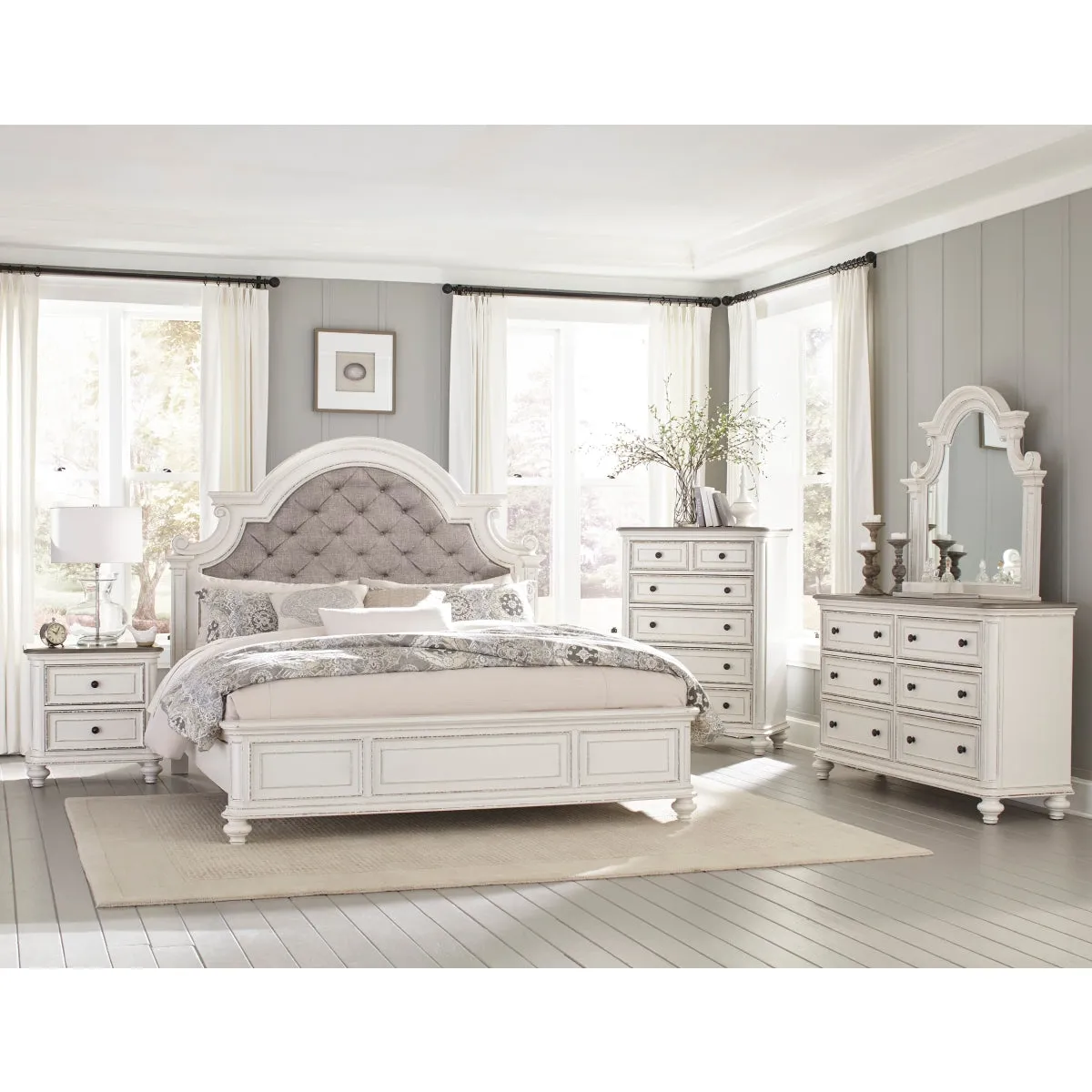 Antique White King Bed with Tufted Headboard