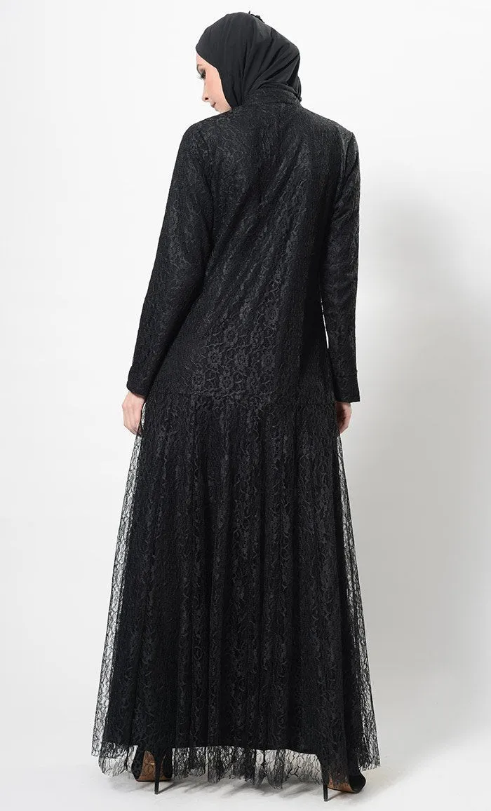 Beautiful Net Detail Modest Wear Abaya Dress And Hijab Set