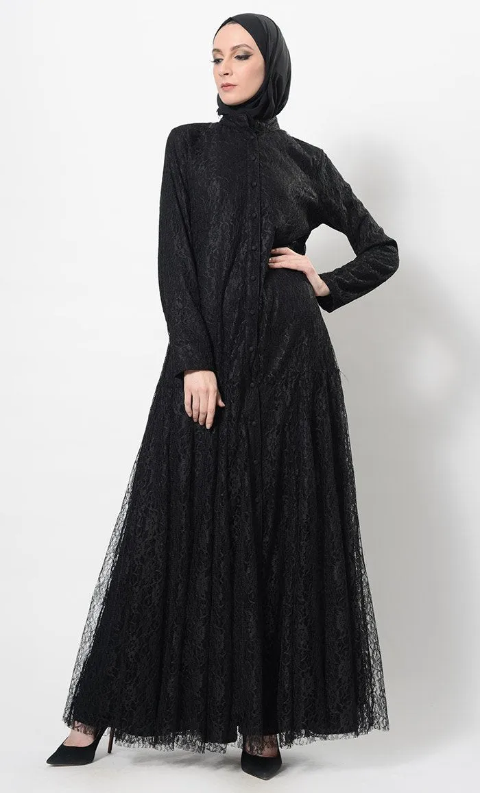 Beautiful Net Detail Modest Wear Abaya Dress And Hijab Set