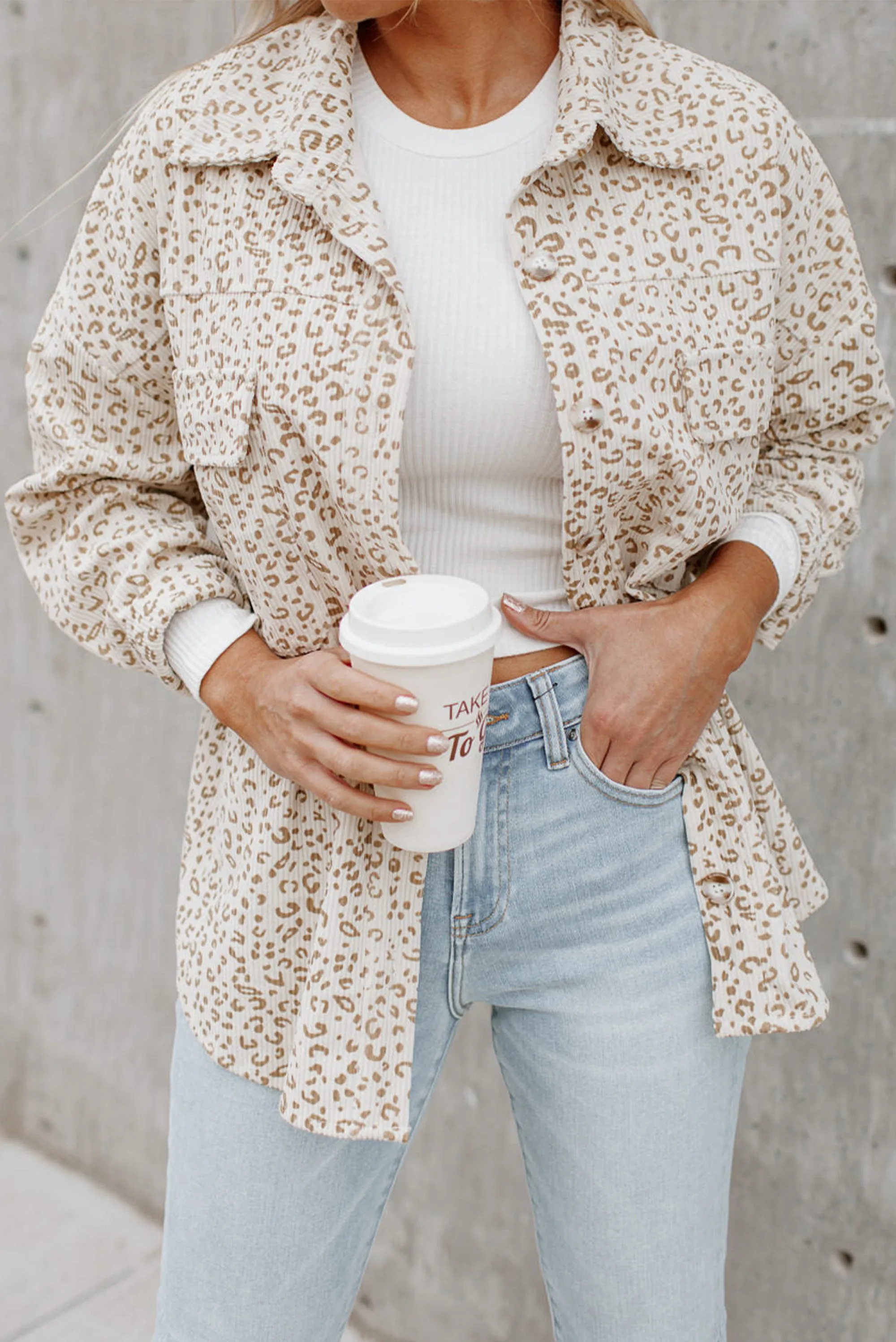 Beige Leopard Print Flap Pockets Buttoned Corduroy Shacket