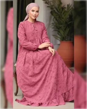 Bella Eyelet Embroidery Long Dress in Dark Pink Shade فستان بيلا الصيفي المطرّز  الطويل باللون الزهري الجميل