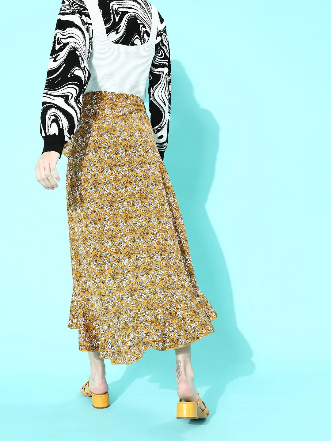 Berrylush Women Mustard Yellow Floral Printed High-Low Ruffled Wrap Midi Skirt