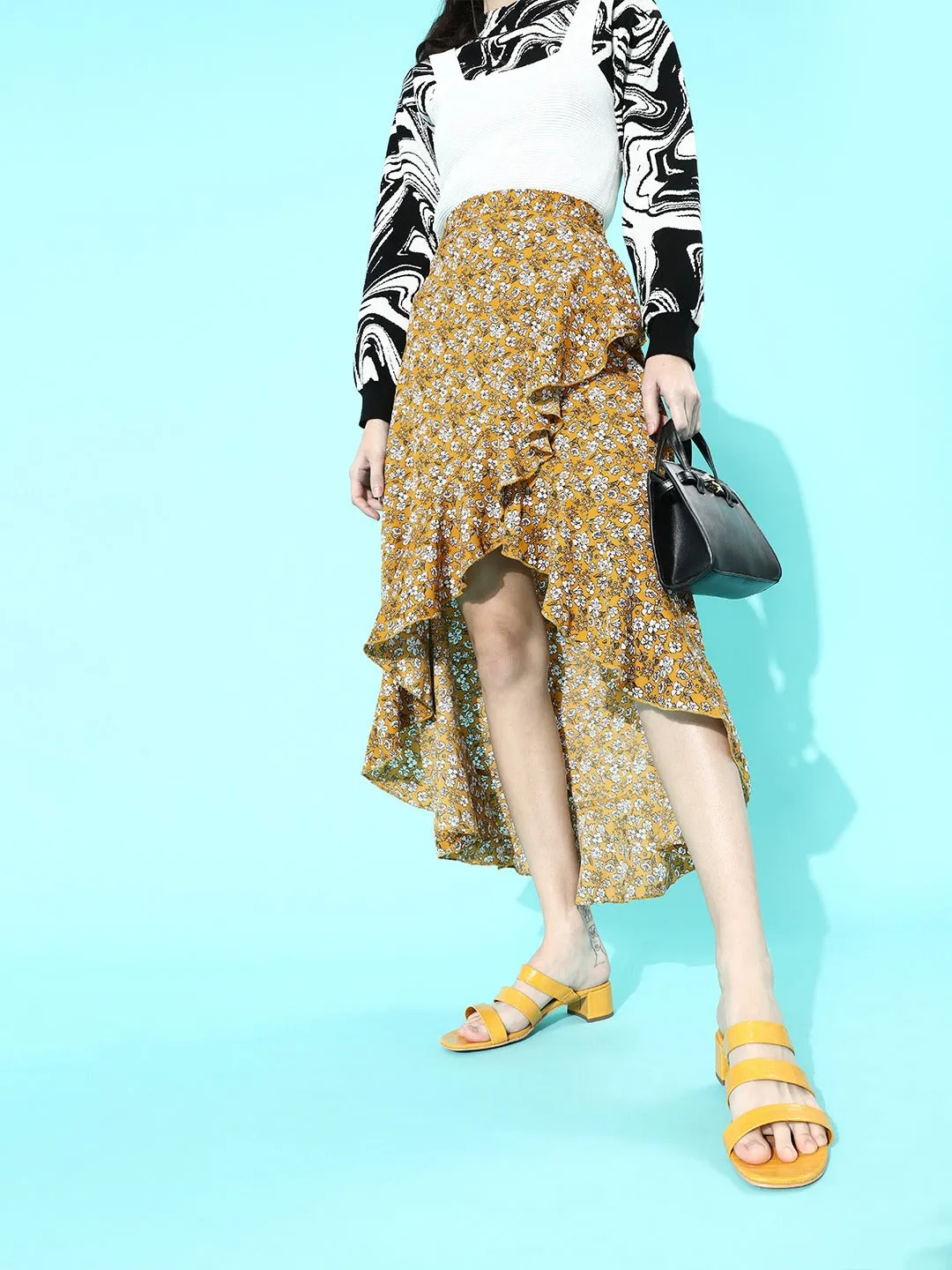 Berrylush Women Mustard Yellow Floral Printed High-Low Ruffled Wrap Midi Skirt