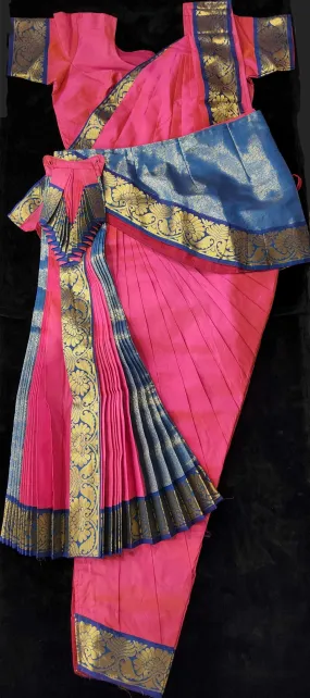 Bharatnatyam Dress | Peach Pink with Blue | Silk Cotton with Normal Border |Readymade Dance Costume