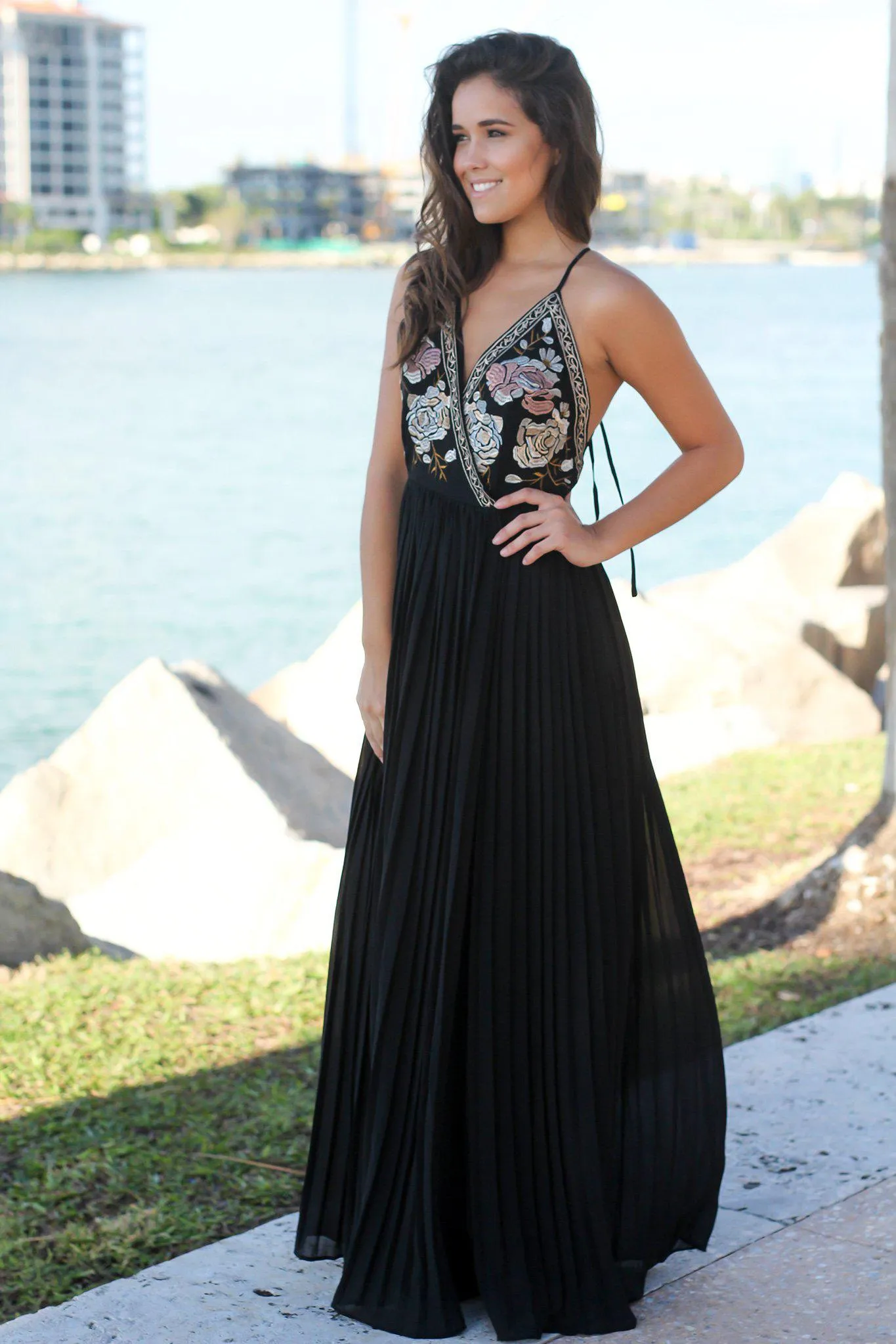 Black Embroidered Maxi Dress with Open Back