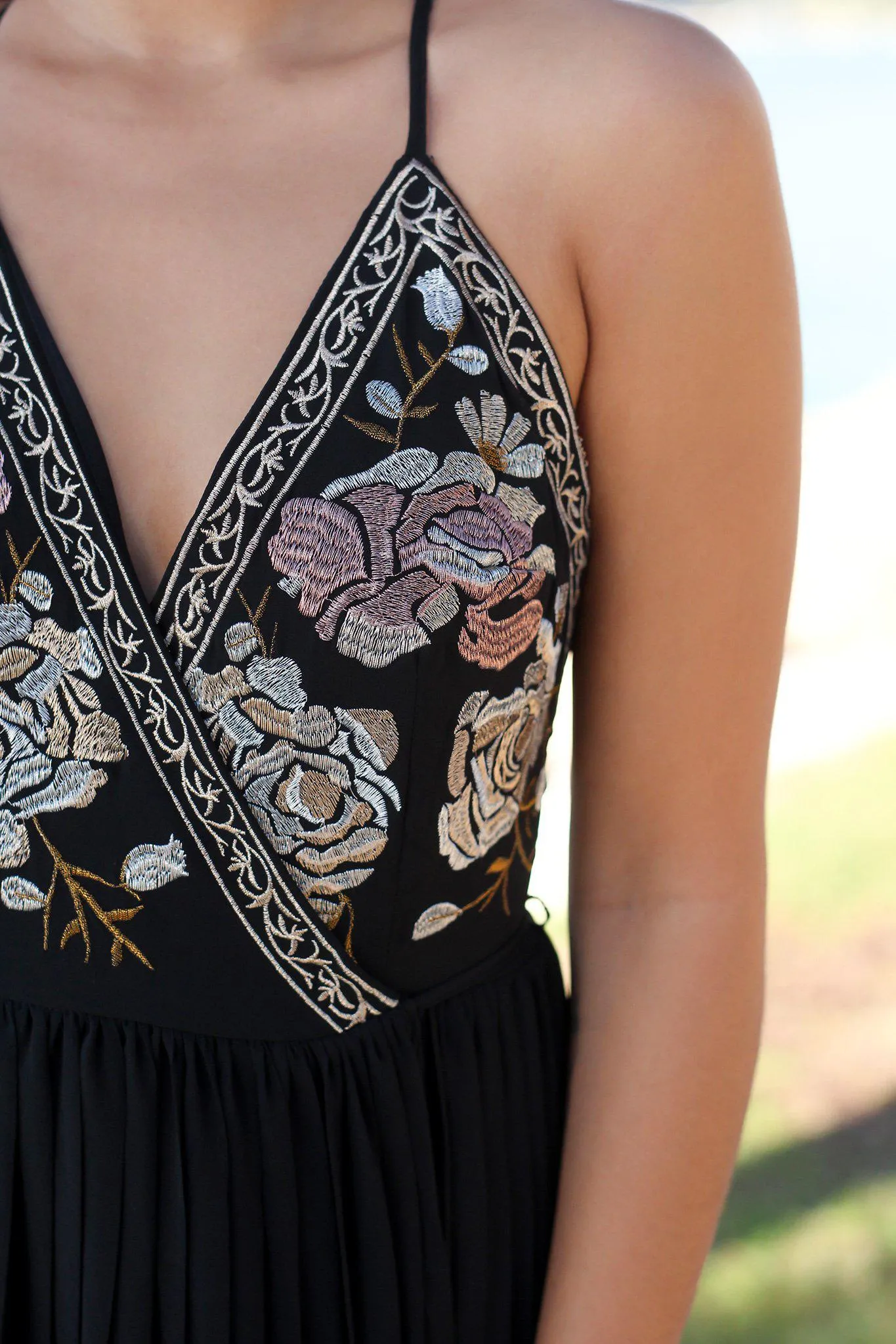 Black Embroidered Maxi Dress with Open Back