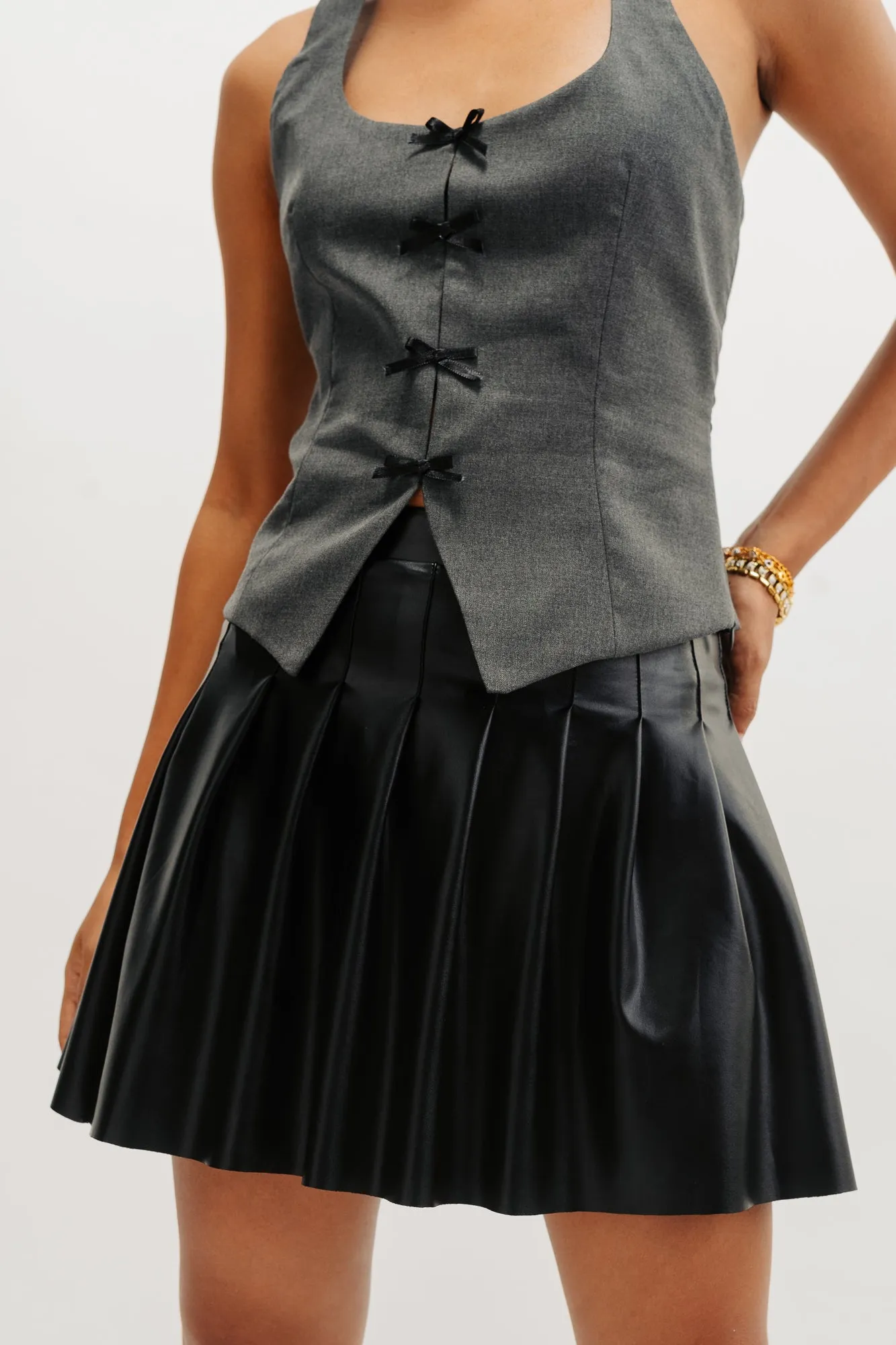 Black Pleated Leather Skirt