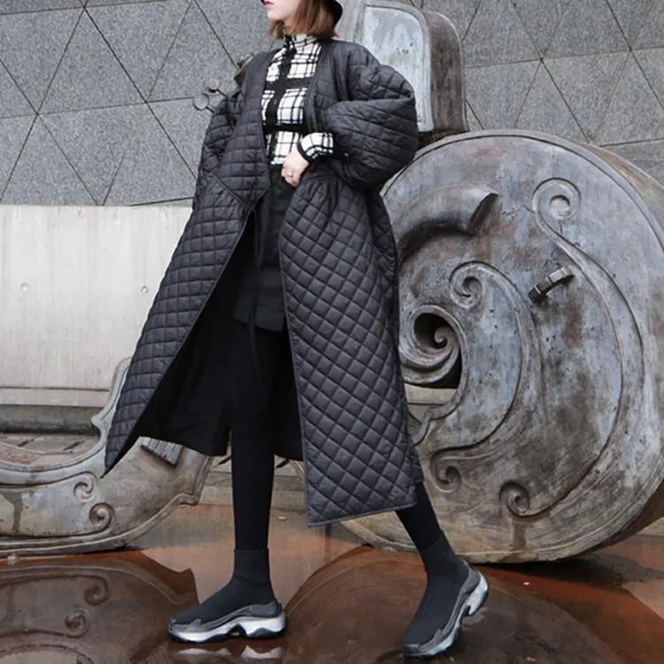 Black Women Puff Sleeves Rhombus Oversize Warm Winter Overcoat