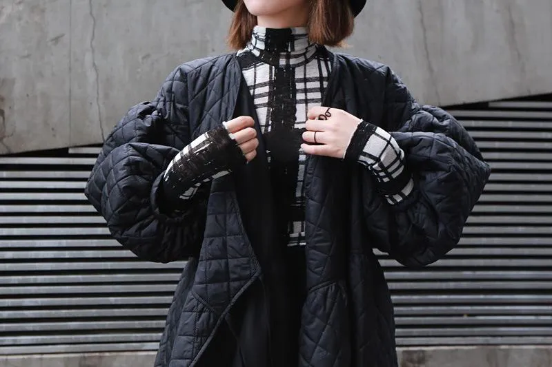 Black Women Puff Sleeves Rhombus Oversize Warm Winter Overcoat