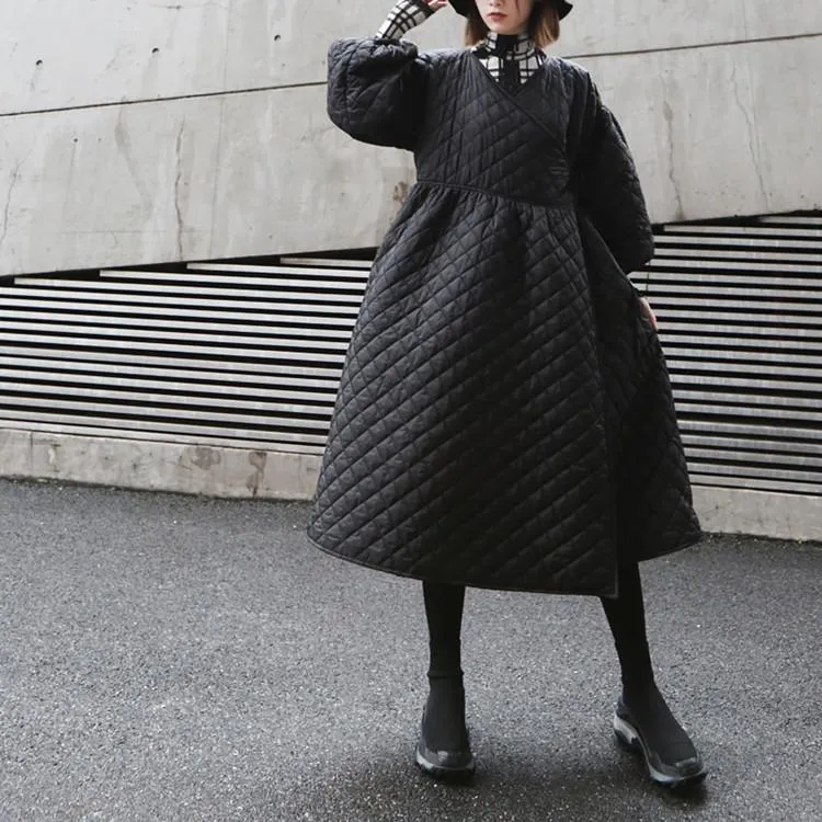 Black Women Puff Sleeves Rhombus Oversize Warm Winter Overcoat