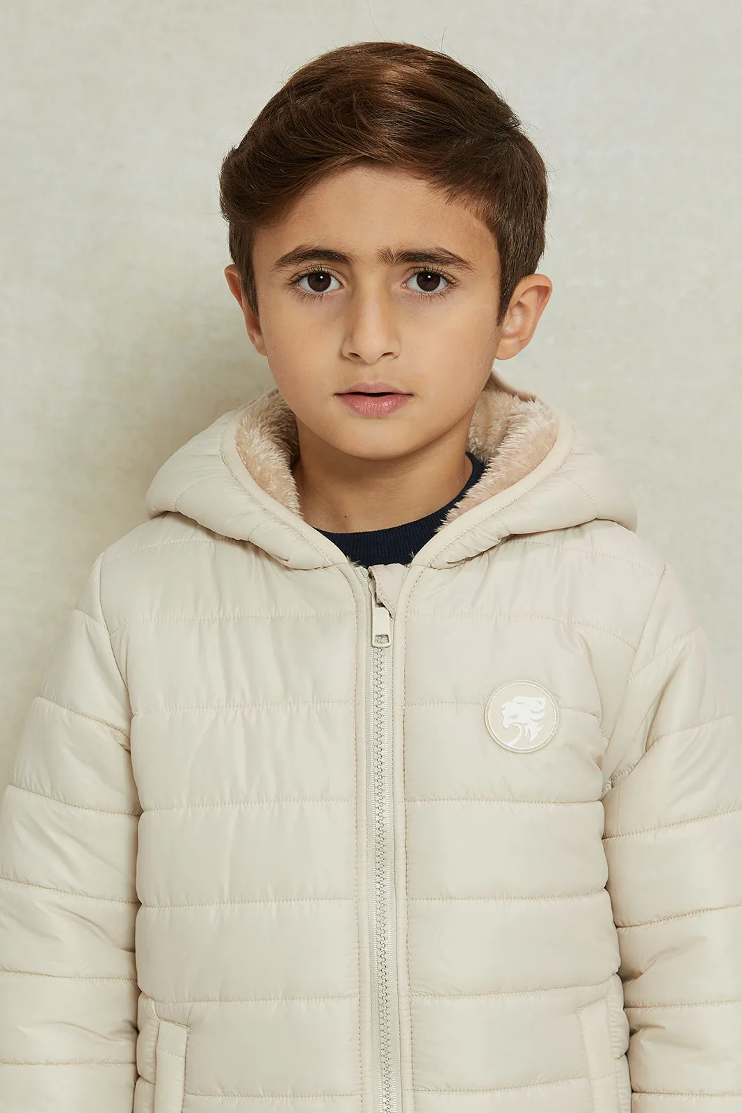 Boys Beige Puffer Jacket With Sherpa Lining