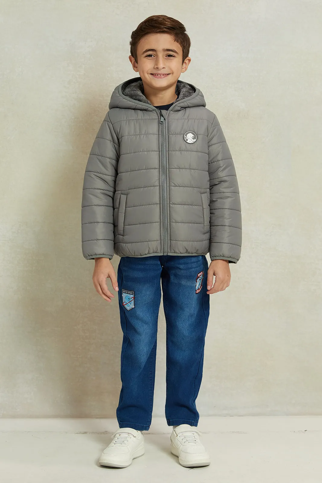 Boys Charcoal Puffer Jacket With Sherpa Lining