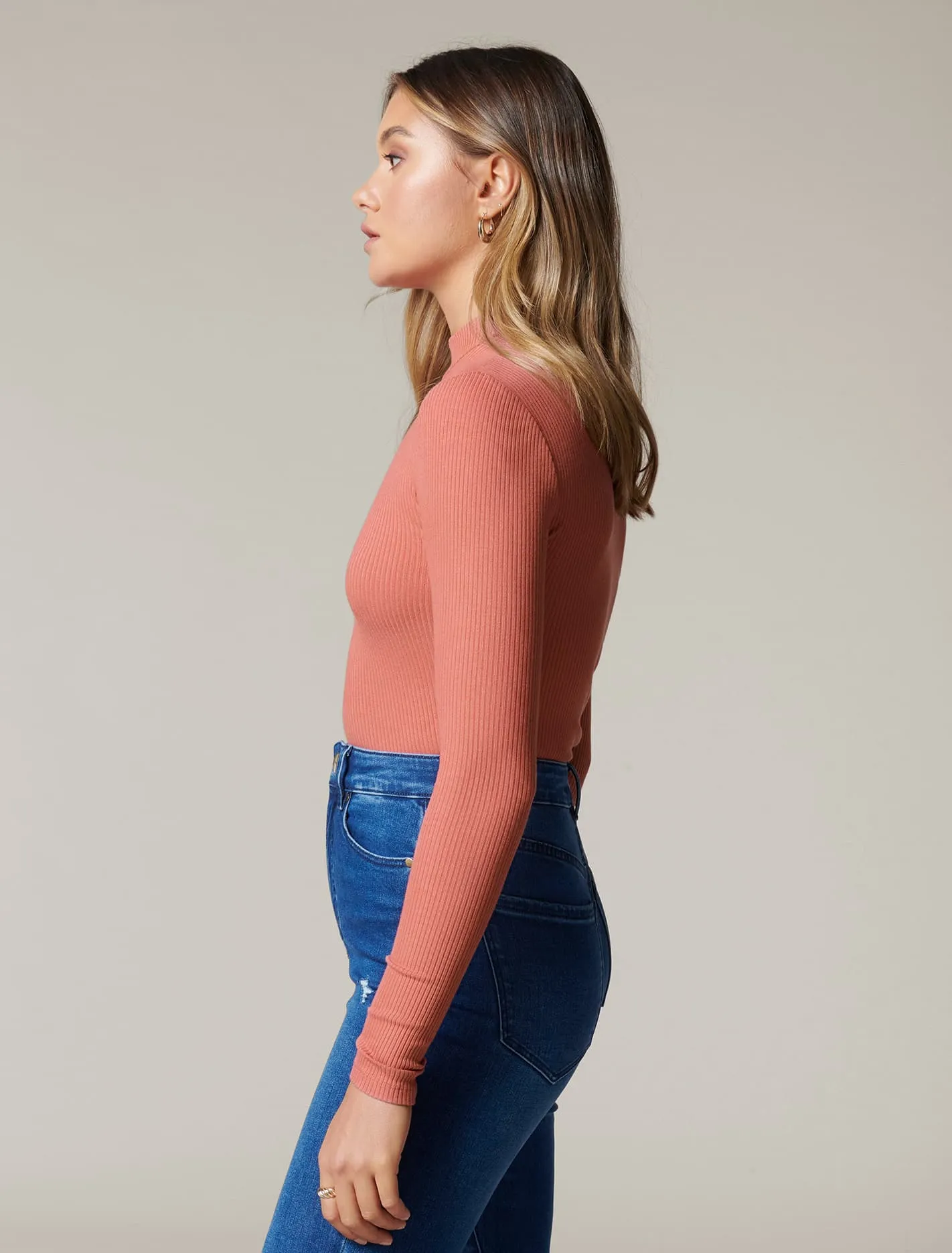 Brandi High Neck Rib Long Sleeve Top