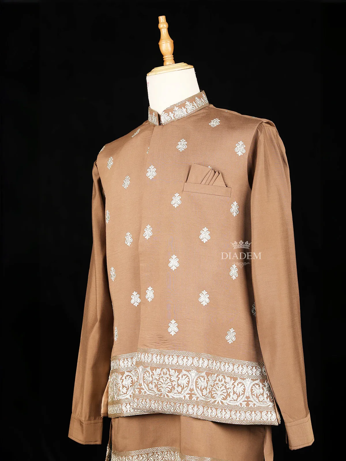 Brown Embroidery Indo-Western Sherwani Suit with Floral designs with Pant and Pocket Square