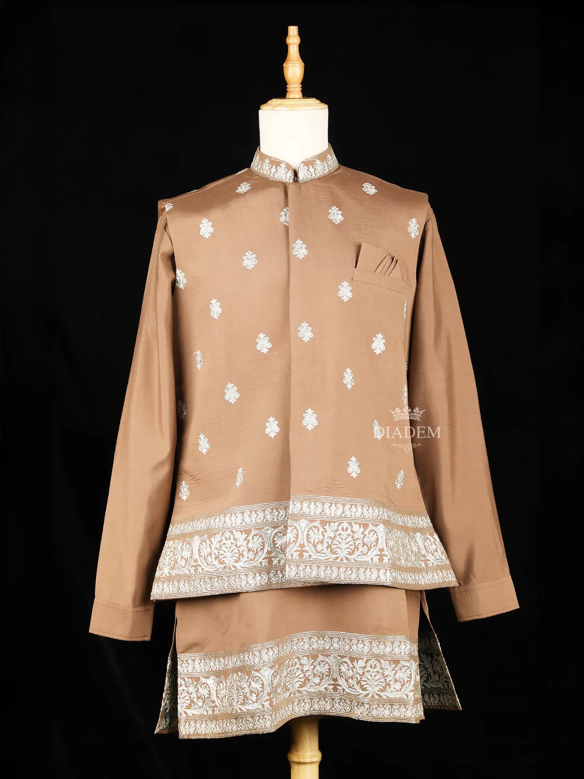 Brown Embroidery Indo-Western Sherwani Suit with Floral designs with Pant and Pocket Square