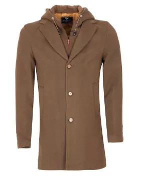 Brown Trench Coat Wool Blend Warm Overcoat With Detachable Hood