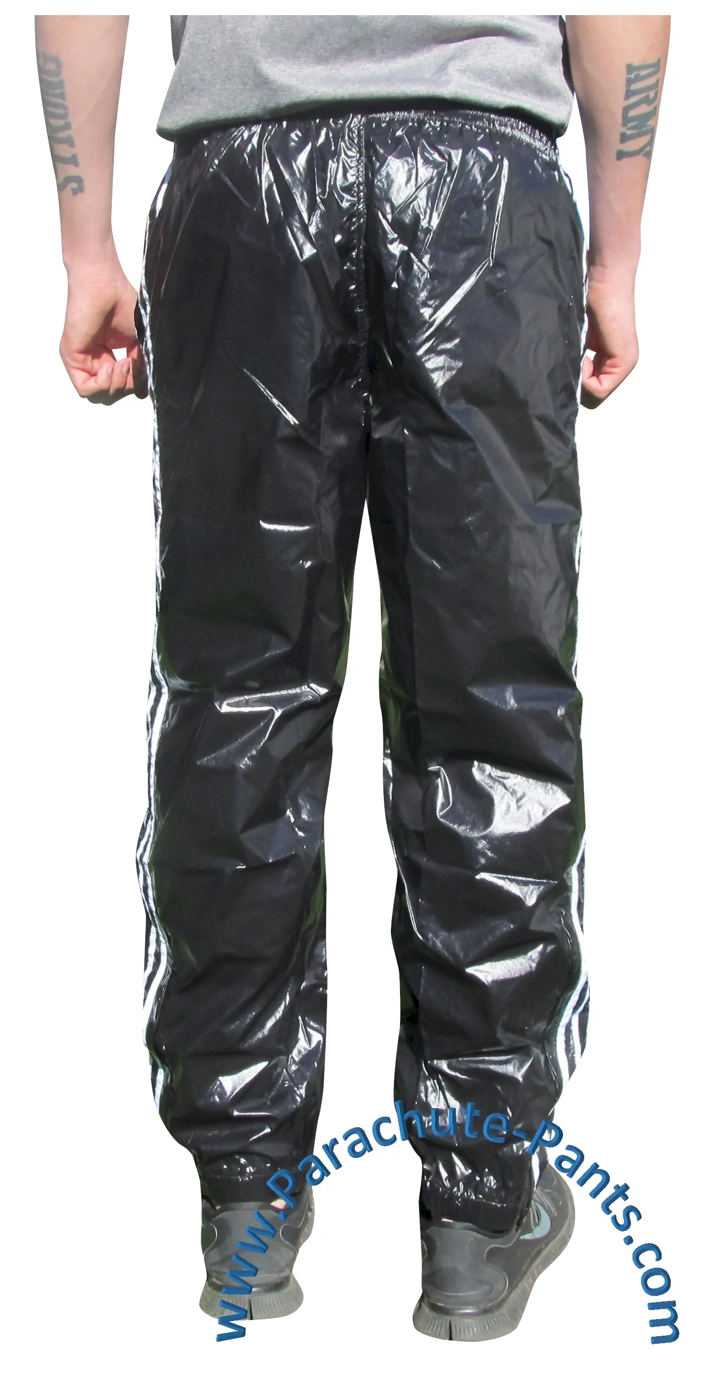 Bruno Black Shiny Nylon/Plastic 3-Stripe Wind Pants