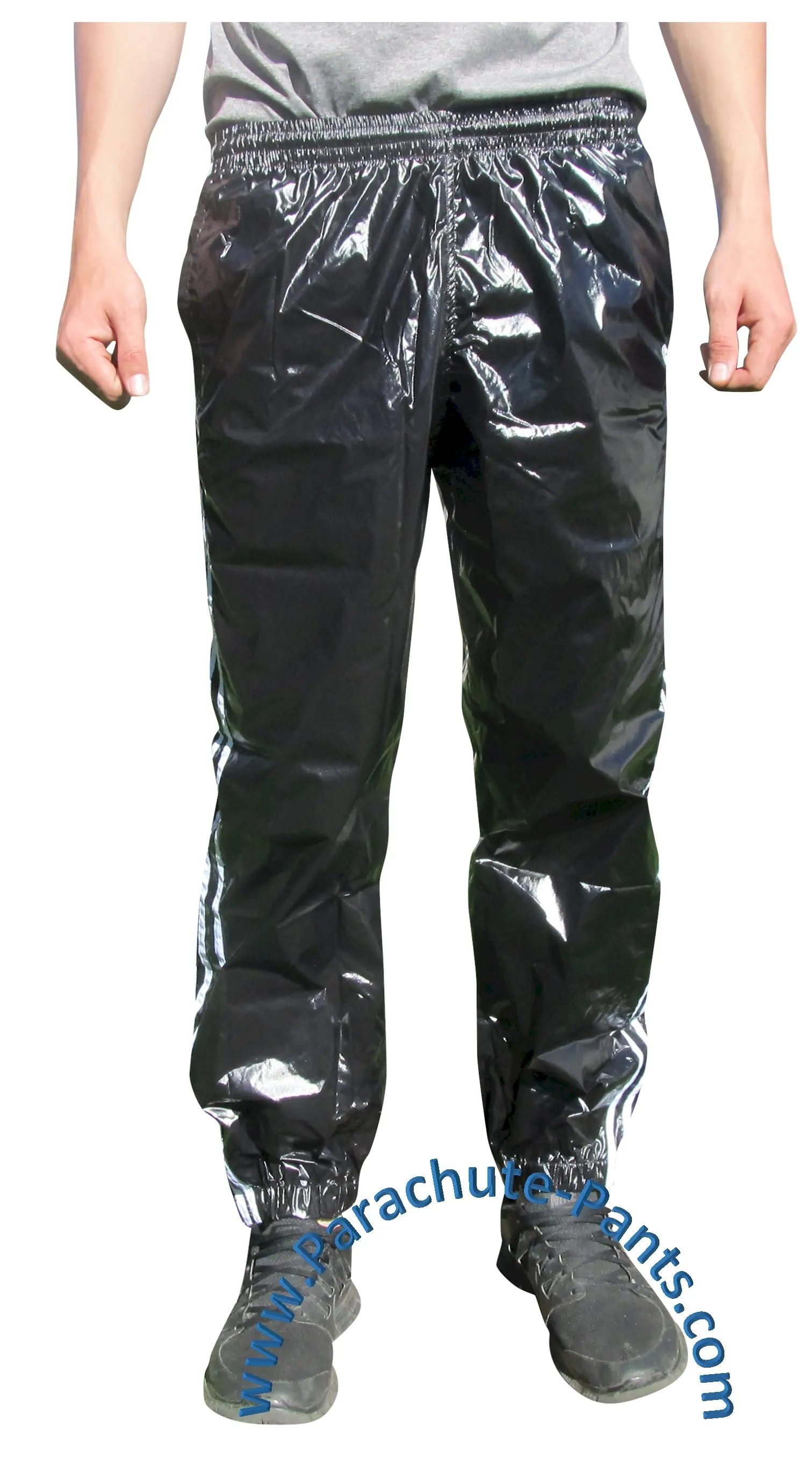 Bruno Black Shiny Nylon/Plastic 3-Stripe Wind Pants