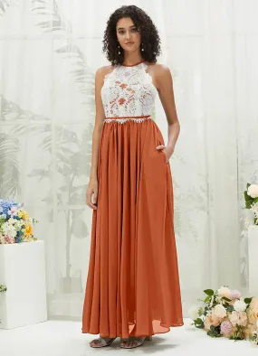 Burnt Orange Lace Halter Neck Backless Chiffon Slit Bridesmaid Dress