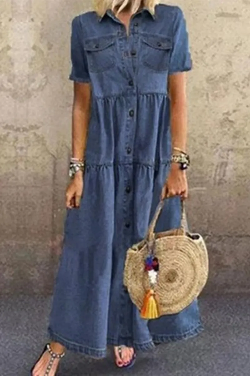 Casual Solid Make Old Turndown Collar Short Sleeve High Waist Regular Denim Dresses