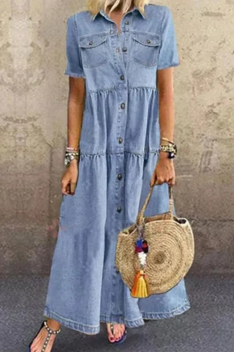 Casual Solid Make Old Turndown Collar Short Sleeve High Waist Regular Denim Dresses