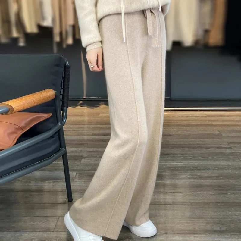 Casual Thick Knitted Elastic High Waist Loose Wide Leg Long Striped Pants