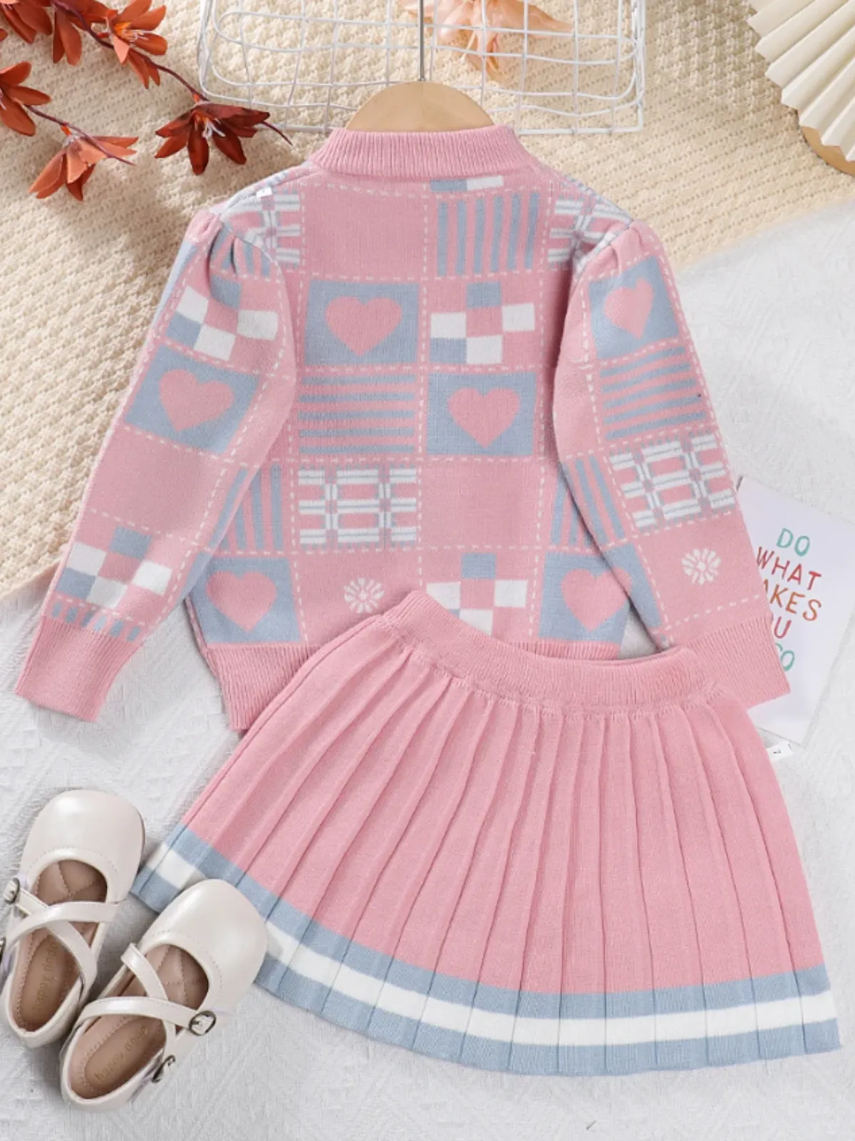 Charming Hearts and Plaid Girls' Sweater and Skirt Outfit