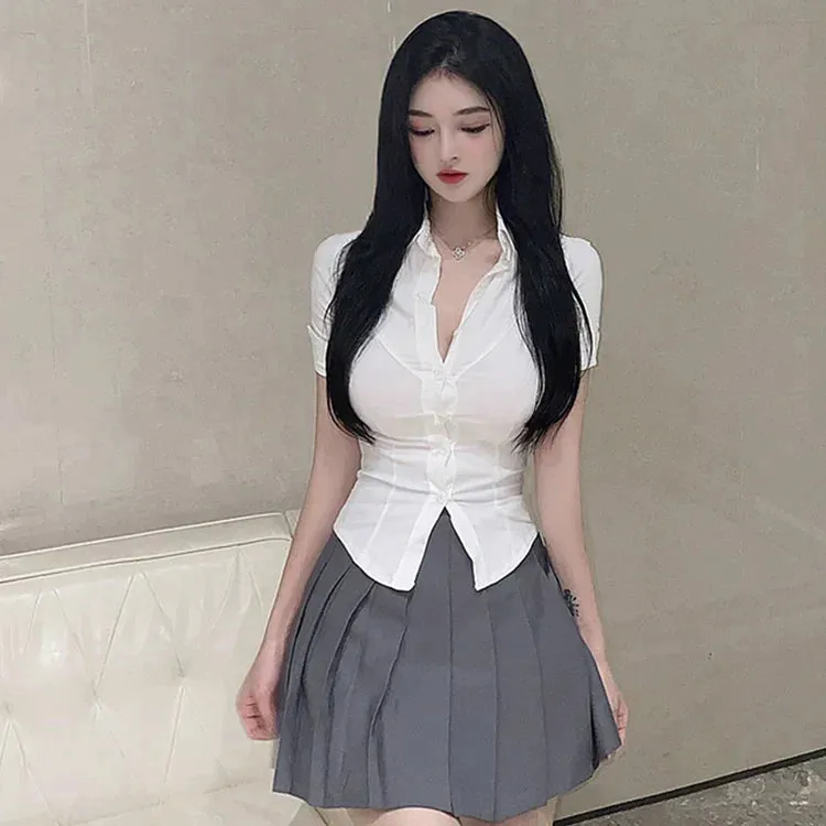 Chic Collar Uniform Shirt Pleated Skirt Two Piece