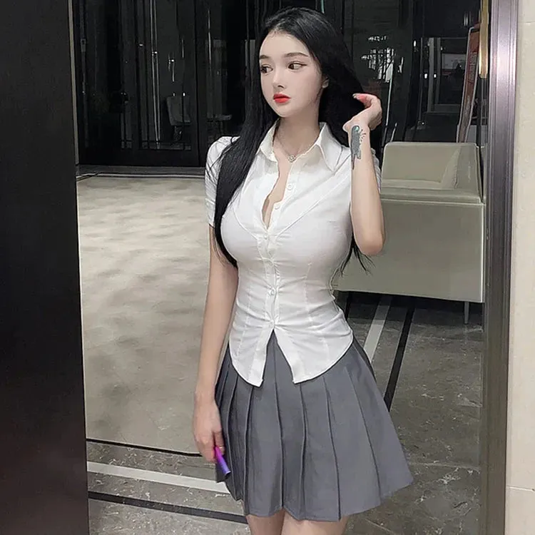 Chic Collar Uniform Shirt Pleated Skirt Two Piece