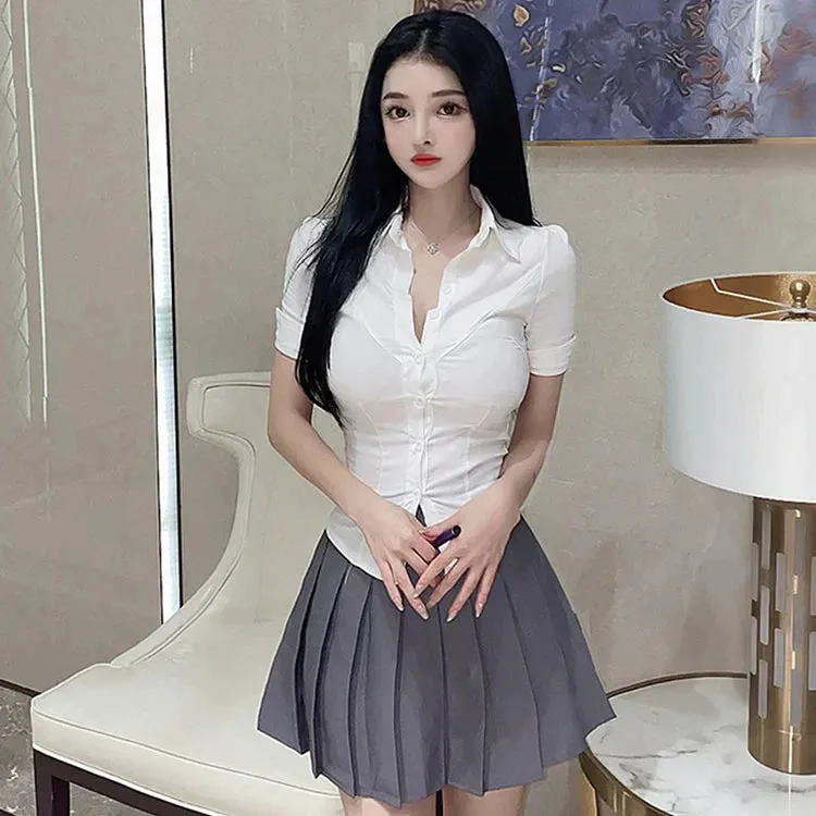 Chic Collar Uniform Shirt Pleated Skirt Two Piece