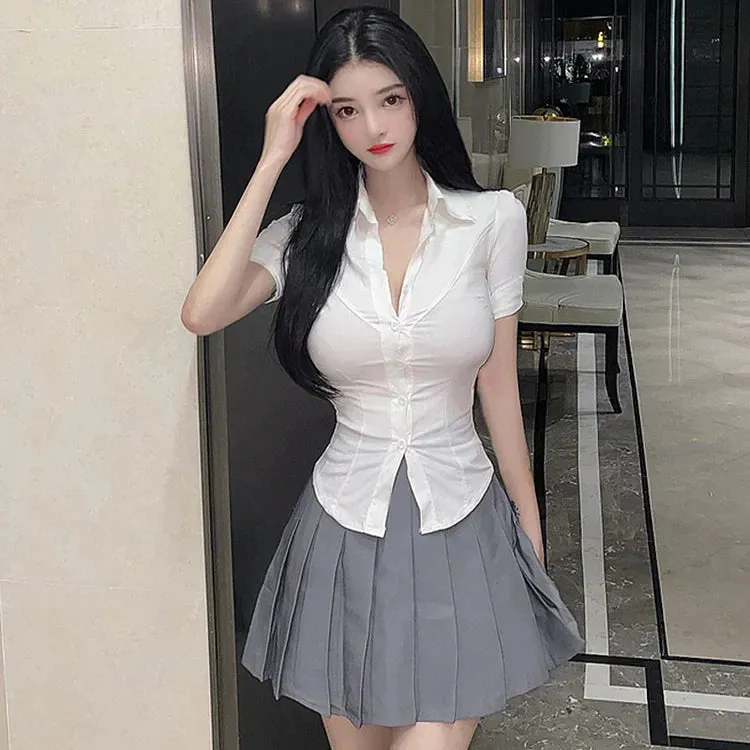 Chic Collar Uniform Shirt Pleated Skirt Two Piece