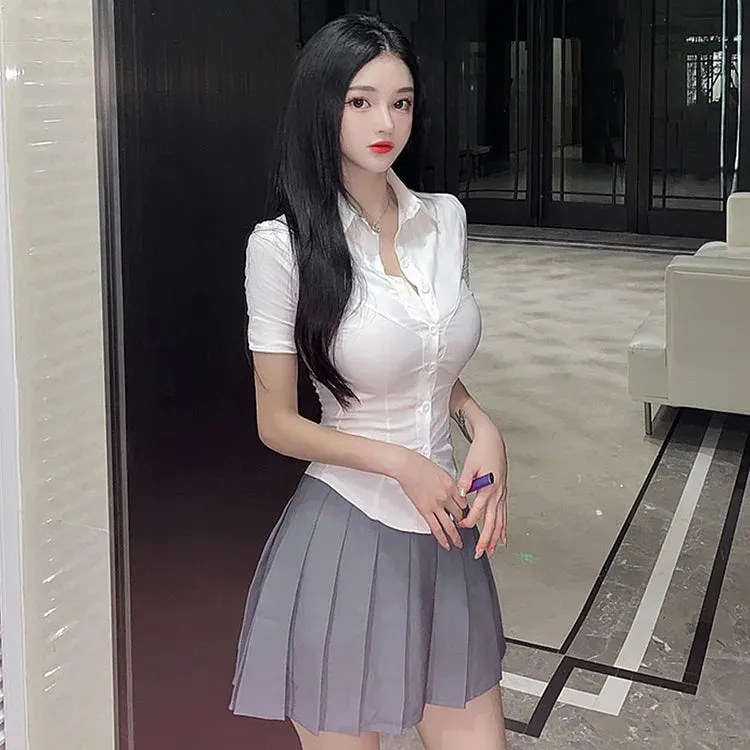 Chic Collar Uniform Shirt Pleated Skirt Two Piece