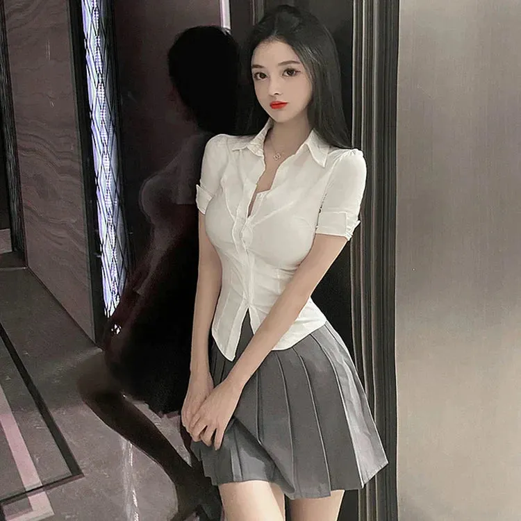 Chic Collar Uniform Shirt Pleated Skirt Two Piece