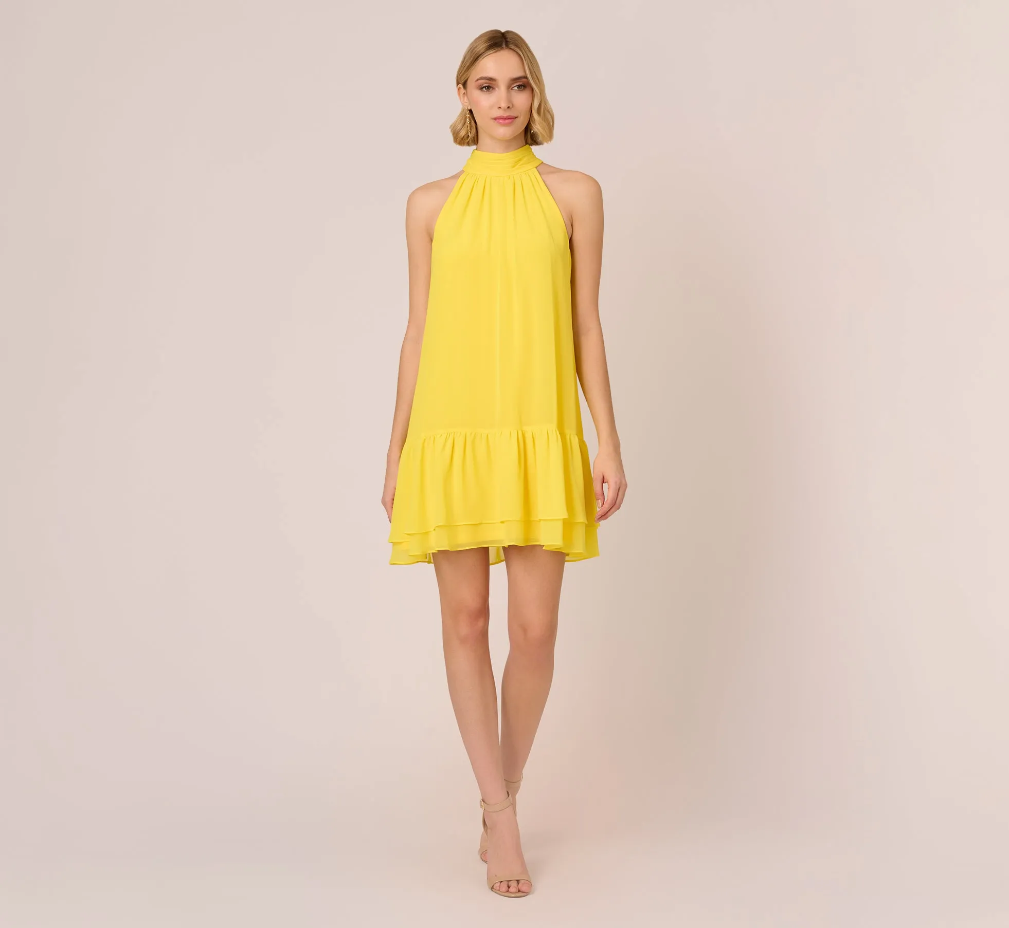 Chiffon Mock Neck Trapeze Dress With Flounce Hem In Hyper Yellow