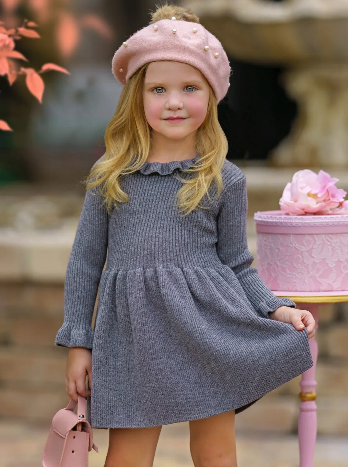 Cozy Holiday Grey Ruffle Knit Sweater Dress