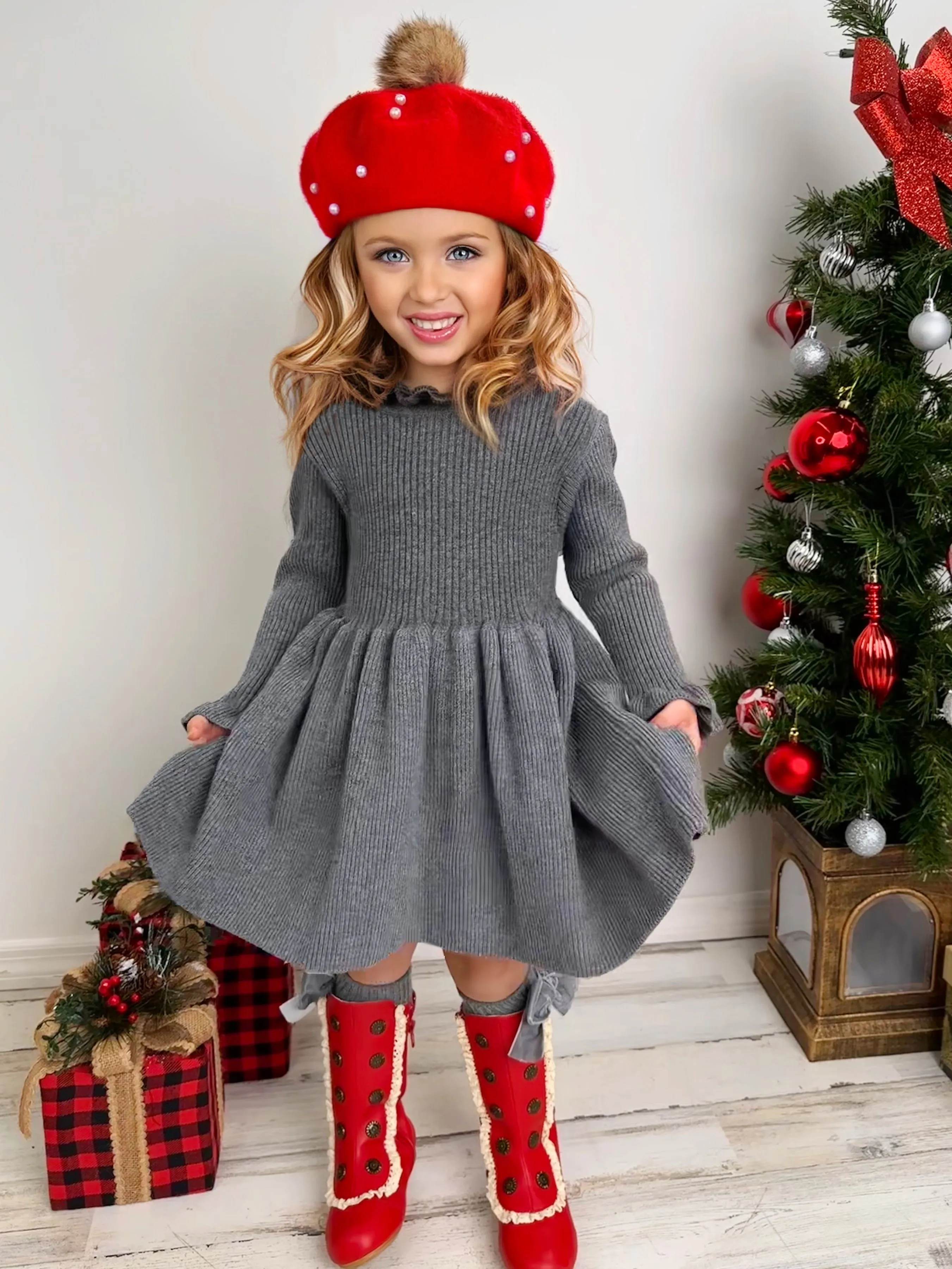 Cozy Holiday Grey Ruffle Knit Sweater Dress