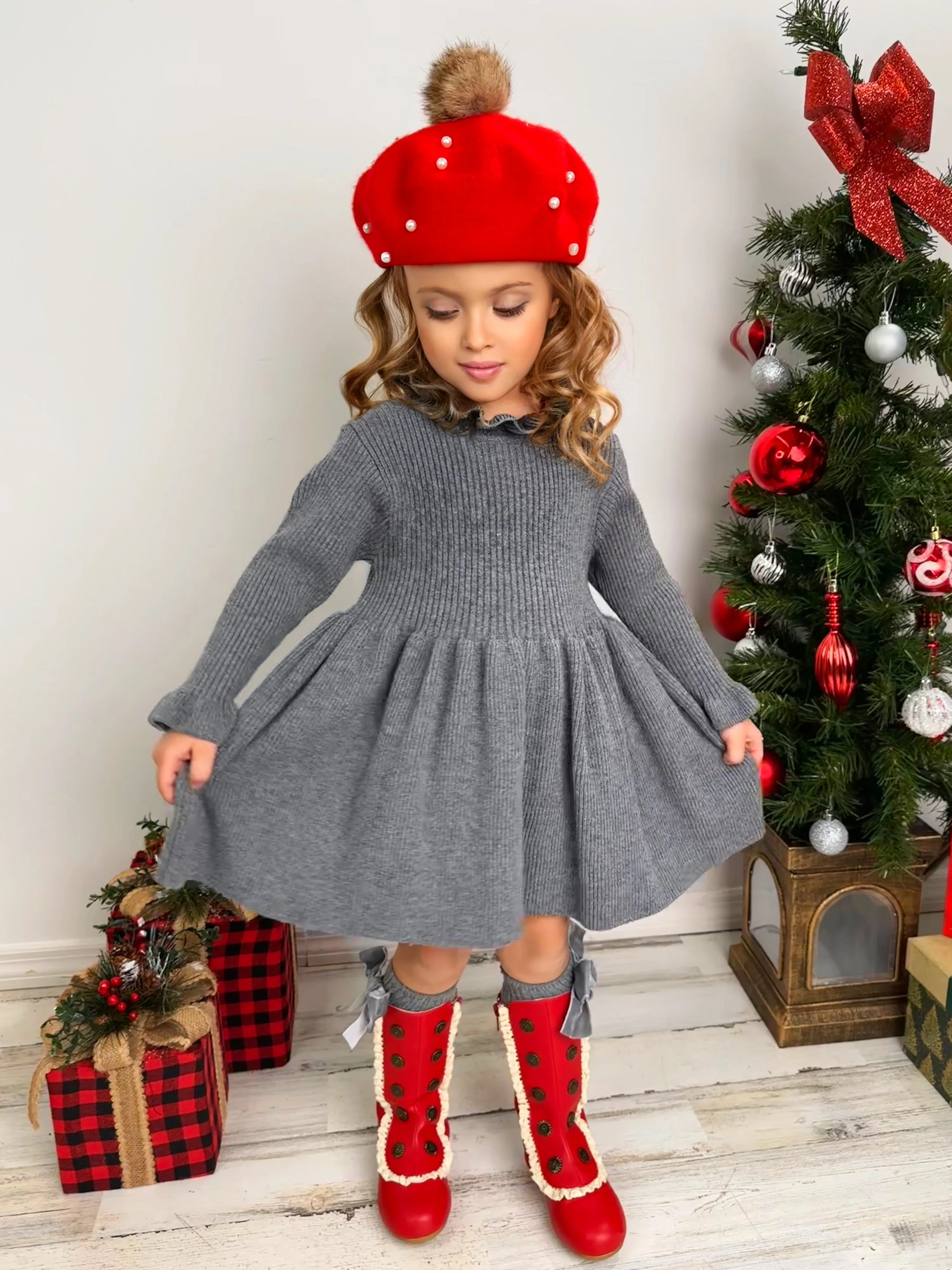 Cozy Holiday Grey Ruffle Knit Sweater Dress