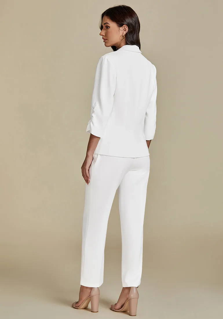 Cream White Two piece set of women's 3/4 sleeve business coat and pants suit