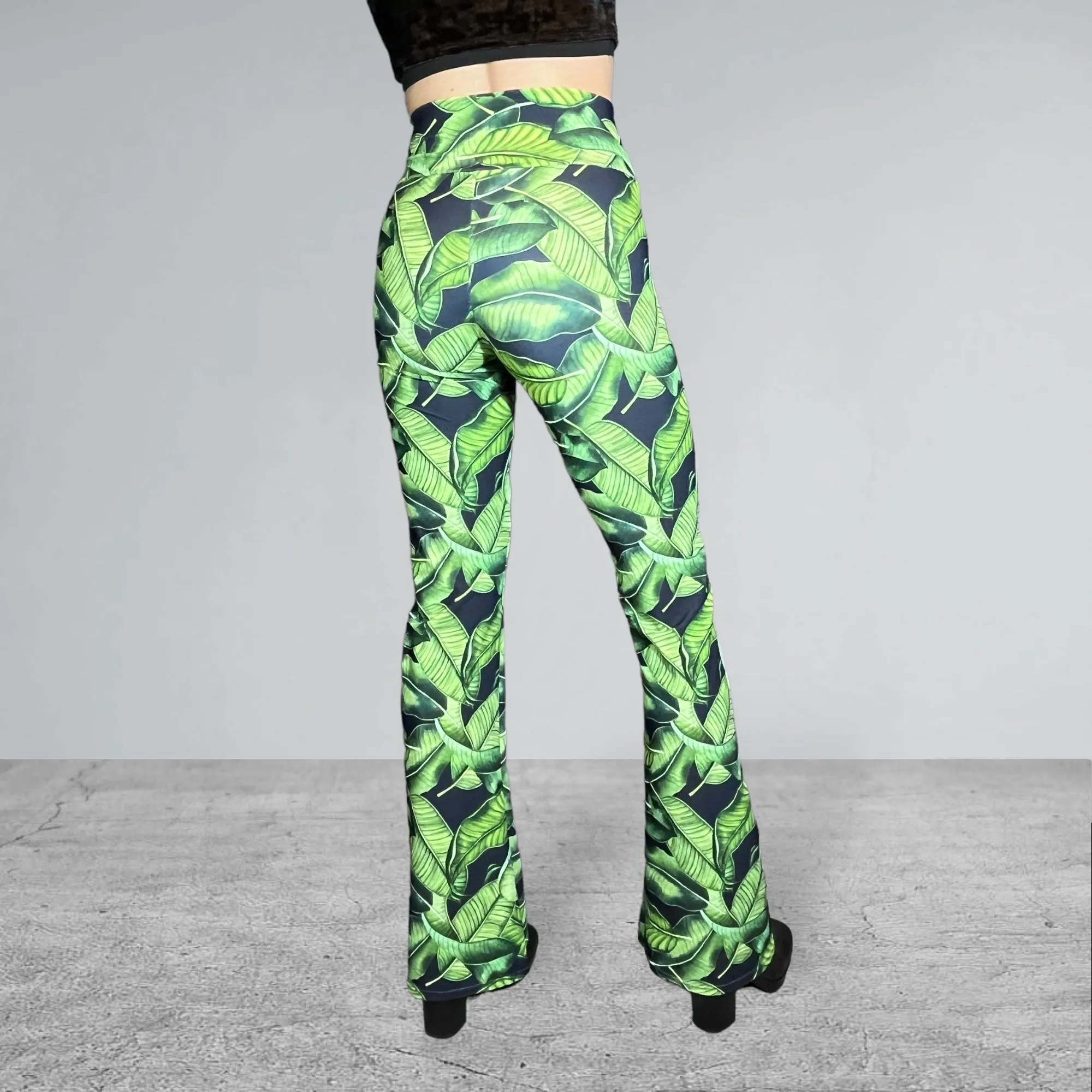 Crossover Waist Bootcut Flare Pants *Tropical Leaf Print* - High V-Waist Flare Pants - Rave Clothing, Festival Pants, Yoga