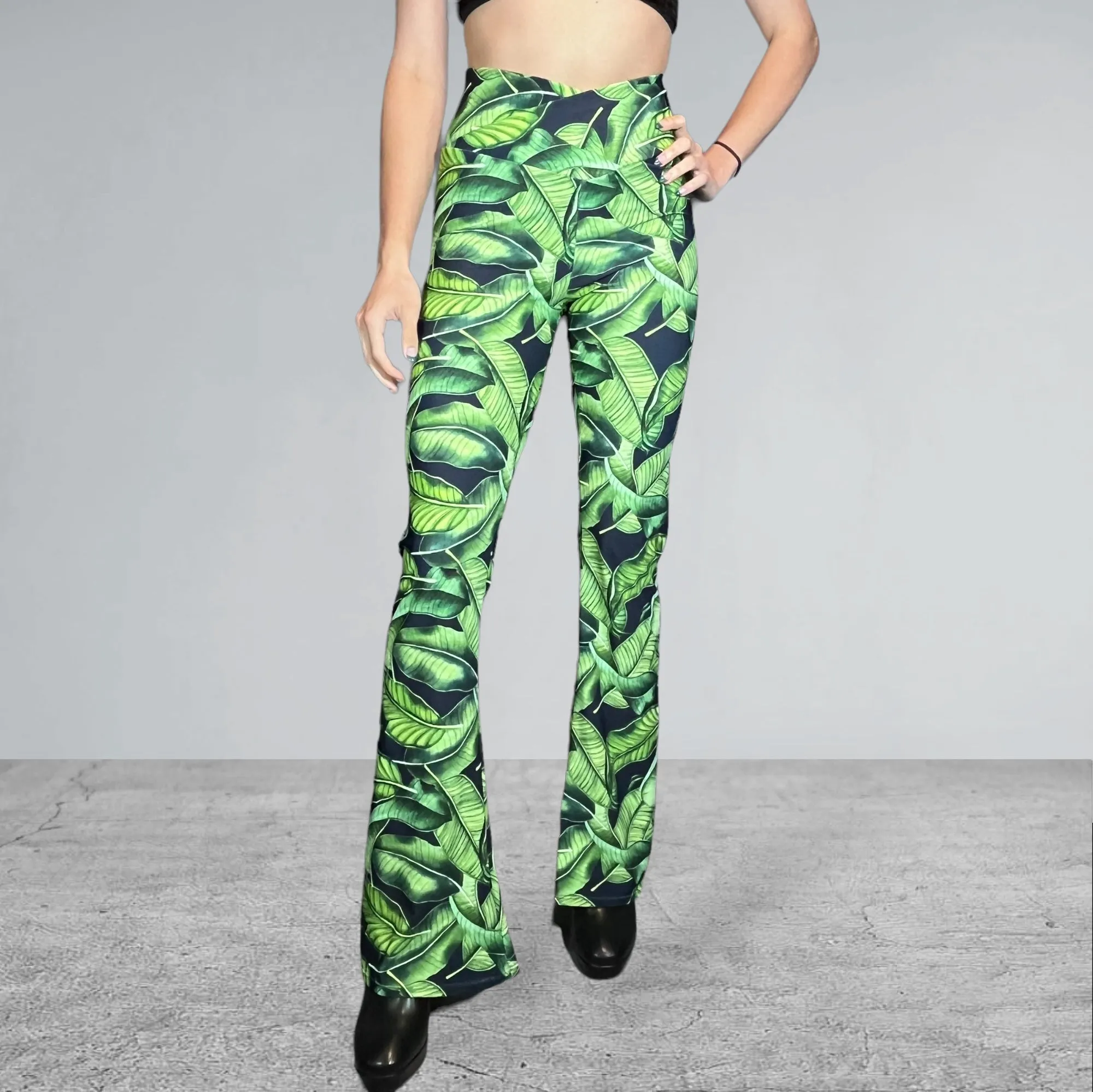 Crossover Waist Bootcut Flare Pants *Tropical Leaf Print* - High V-Waist Flare Pants - Rave Clothing, Festival Pants, Yoga