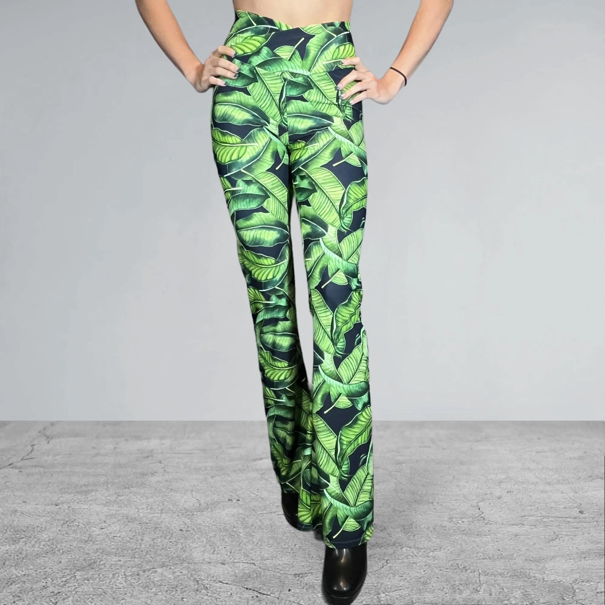 Crossover Waist Bootcut Flare Pants *Tropical Leaf Print* - High V-Waist Flare Pants - Rave Clothing, Festival Pants, Yoga