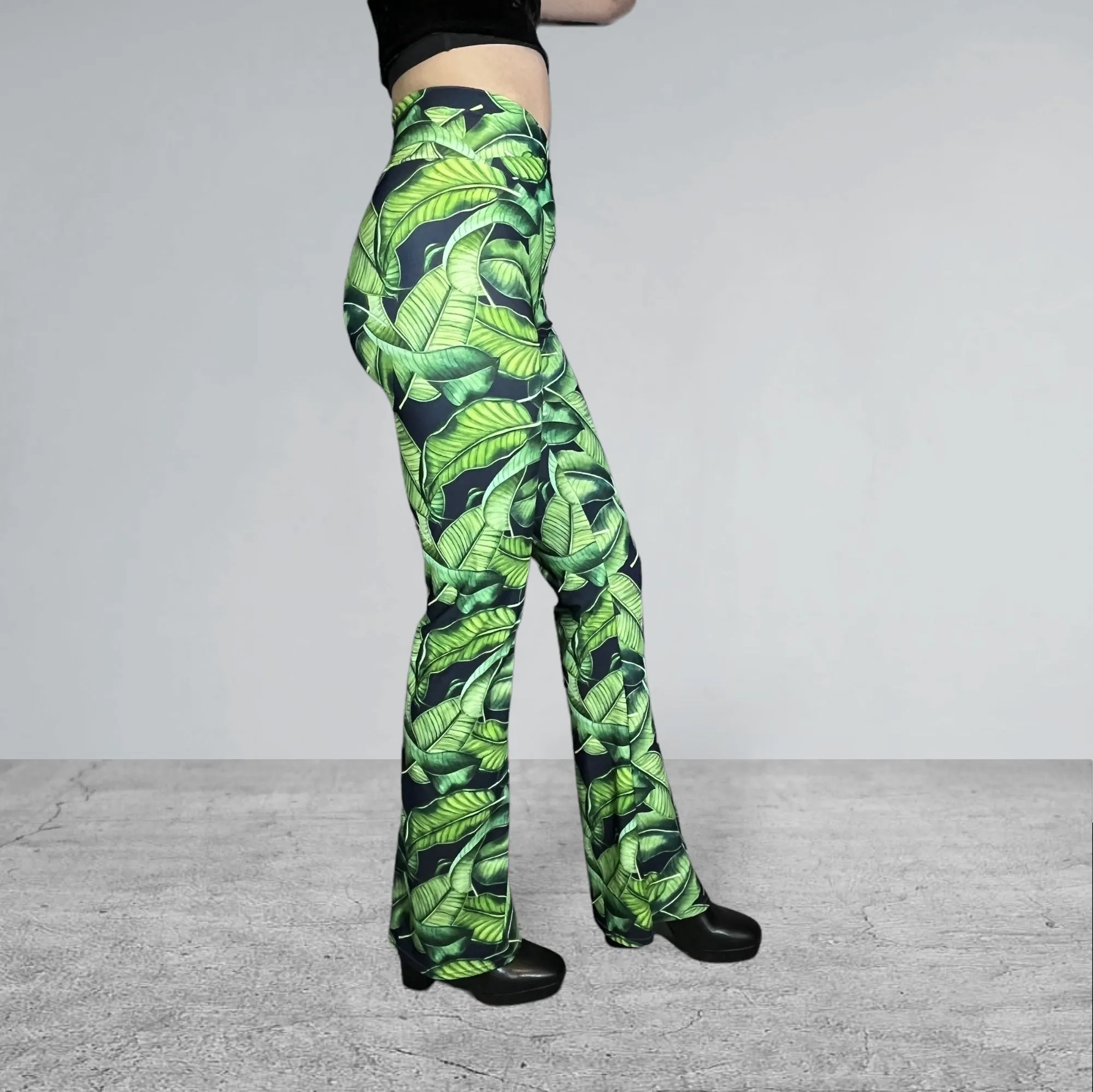 Crossover Waist Bootcut Flare Pants *Tropical Leaf Print* - High V-Waist Flare Pants - Rave Clothing, Festival Pants, Yoga