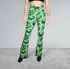 Crossover Waist Bootcut Flare Pants *Tropical Leaf Print* - High V-Waist Flare Pants - Rave Clothing, Festival Pants, Yoga