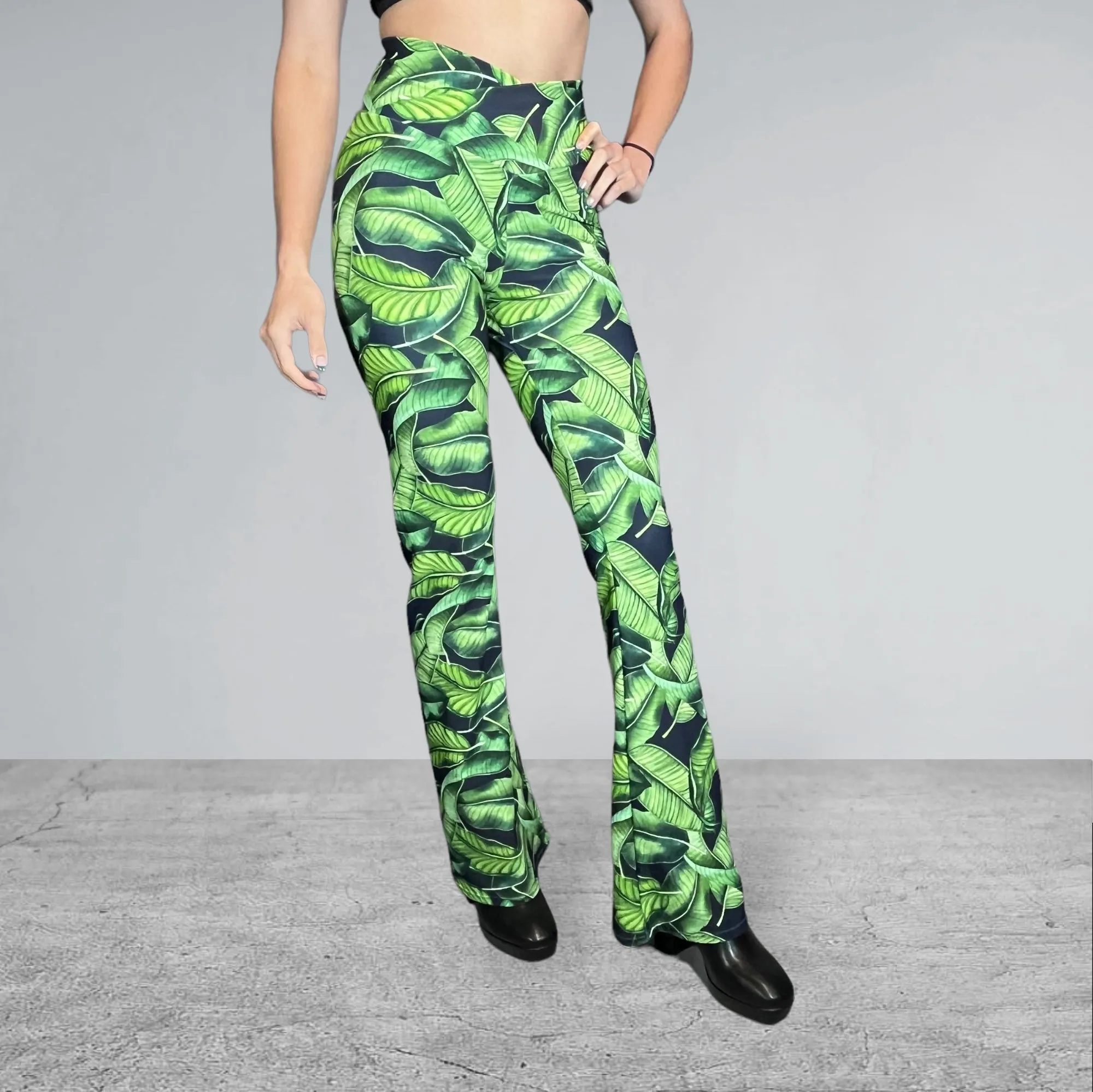 Crossover Waist Bootcut Flare Pants *Tropical Leaf Print* - High V-Waist Flare Pants - Rave Clothing, Festival Pants, Yoga