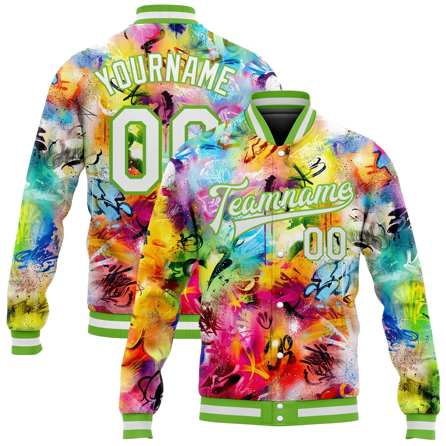 Custom Graffiti Pattern White-Neon Green Scratch 3D Bomber Full-Snap Varsity Letterman Jacket